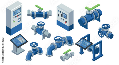Isometric industrial pipe system with valves and control panels in blue and gray