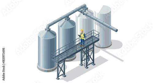 Industrial worker inspects chemical plant with large storage tanks and walkway
