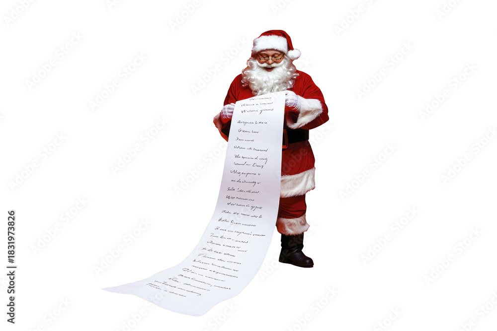 Obraz premium Santa Clause holding long naughty or nice list with joyful expression isolated on transparent background