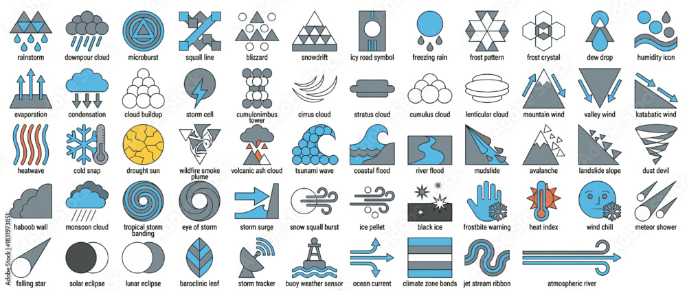 Fototapeta premium Weather phenomena icon set. containing rainstorm, snow, wind, tornado, cyclone, cloud, hail, lightning, and more. Vector collection