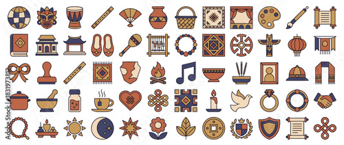 Cultural icon set. containing mask, drum, fan, lantern, temple, tea, lotus, dove, handshake, sun, moon, music, shield and more. Vector collection