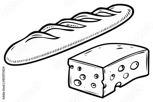 Traditional French baguette loaf and block of Swiss style cheese comic line drawing