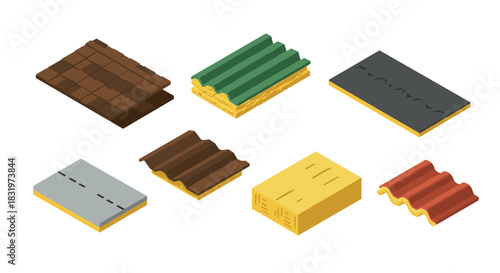 Isometric set of various roof materials for construction and architecture