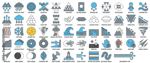Weather phenomena icon set. containing rainstorm, snow, wind, tornado, cyclone, cloud, hail, lightning, and more. Vector collection