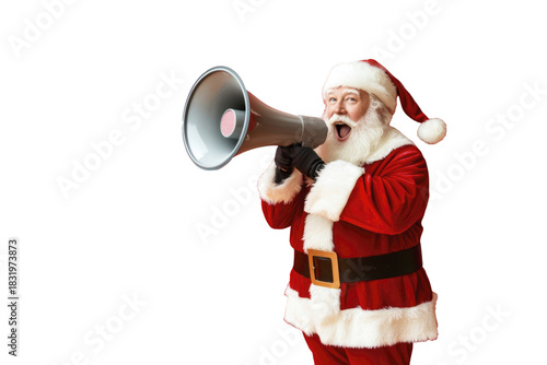 Festive Santa Claus announcing cheer with megaphone isolated on transparent background
