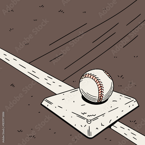 Baseball field vector illustration with vibrant colors, featuring a baseball on home plate. Suitable for sportsrelated designs and promotions.