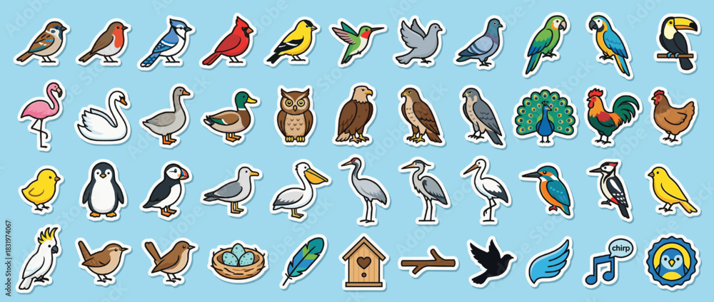 Naklejka premium Bird and wildlife icon set. containing flamingo, penguin, owl, peacock, parrot, toucan, and more. Vector collection