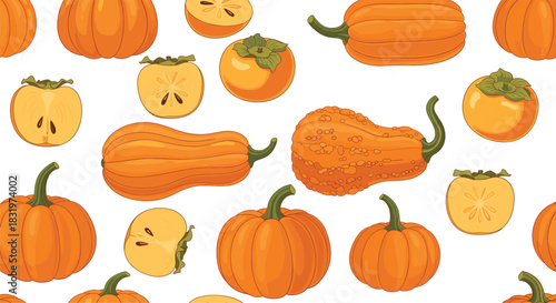 Seamless Pumpkin and Persimmon Pattern with Whole and Cut Vegetables and Fruits Colorful Flat Vector Background Illustration