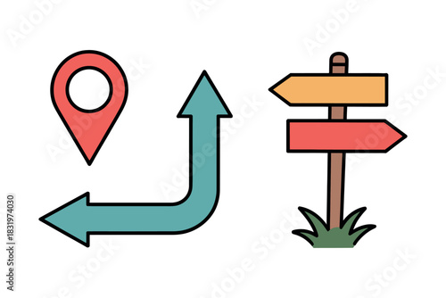 Illustration of a map pin arrow sign and direction sign on white background