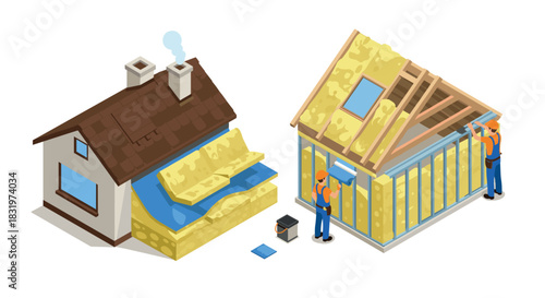 Energy efficient home construction concept with insulation and builders in isometric design