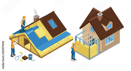 Isometric home renovation with roof and wall insulation