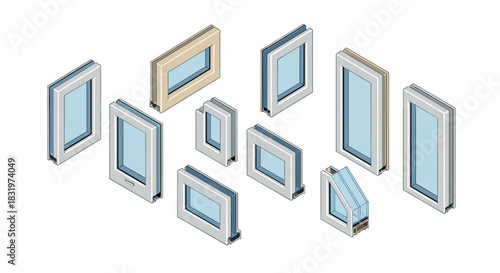 Isometric set of modern windows with various styles and designs