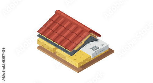 Isometric house structure with roof tiles and insulation layers