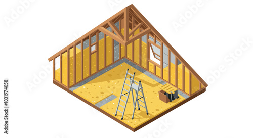 Isometric home interior construction process with wooden framework and insulation