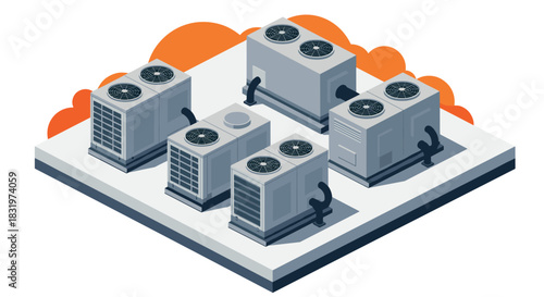Isometric rooftop air conditioning units with modern industrial style