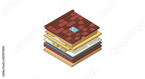 Isometric exploded view of roof layers with tile, insulation, and timber components