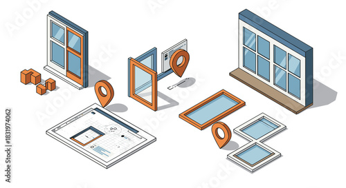 Isometric window design elements with construction planning tools and location pins