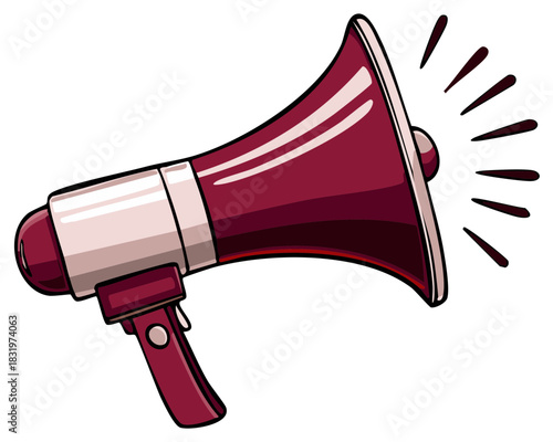 Burgundy megaphone shouting loud noise, speech, message, communication symbol, announce icon