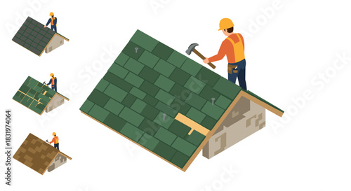 Isometric construction worker fixing roof: step-by-step roofing process