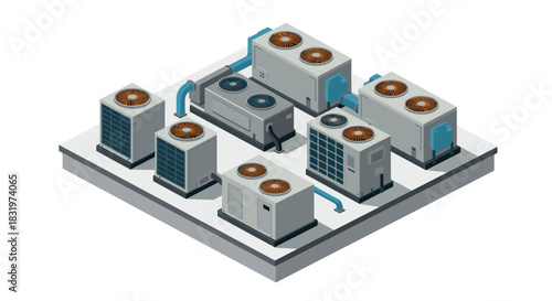 Isometric industrial hvac system on rooftop with ventilation units