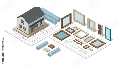 Isometric house construction elements with architectural blueprints and building components
