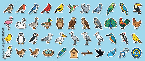 Bird and wildlife icon set. containing flamingo, penguin, owl, peacock, parrot, toucan, and more. Vector collection
