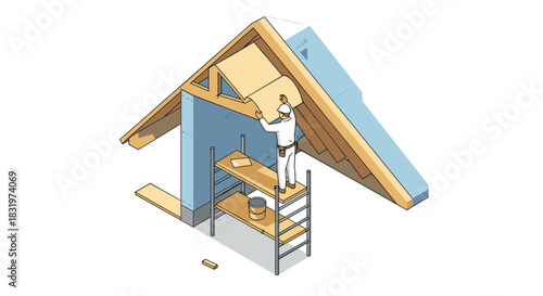 Isometric construction worker installing roof insulation in attic