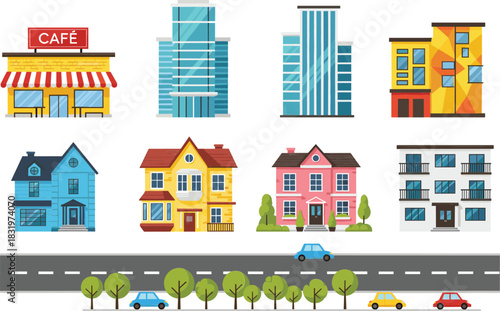 Set of Colourful Flat Design City Architecture Vectors