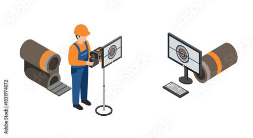Factory worker and automation system in isometric design with computer monitoring