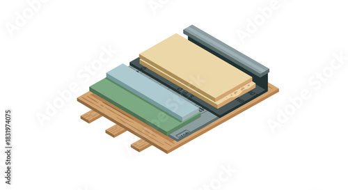 Isometric wooden cheese board with variety of cheeses and metal utensils for gourmet dining