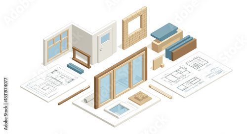 Isometric architectural design elements with floor plan and construction materials