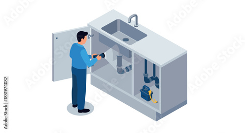 Isometric plumber fixing kitchen sink pipes with toolbox and open cabinet