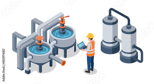 Industrial engineer monitoring chemical processing equipment