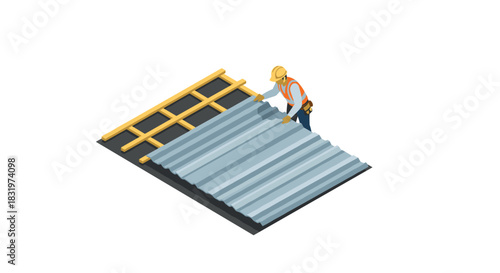 Construction worker installing metal roofing on a building structure in isometric style