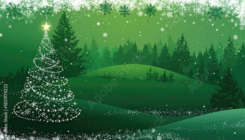 Enchanting Christmas Tree in Snowy Forest with Twinkling Lights and Snowflakes.