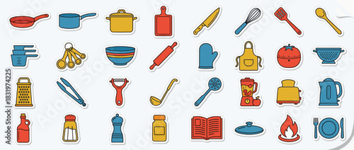 Kitchen tools icon set. containing pan, pot, cutting board, whisk, knife, apron, grater, toaster, colander, kettle. Vector collection