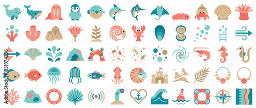 Marine and ocean icon set. containing fish, coral, lighthouse, starfish, seashells, jellyfish, seaweed, waves, and more. Vector collection