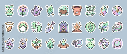 Garden and nature icons set. containing plant, flower, watering can, pot, leaf, seedling, gem, soil, and more. Vector collection
