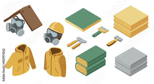 Construction safety gear and materials isometric set for building projects