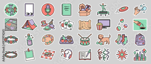 Leisure activity icons set. including sports, music, reading, camping, frisbee, juggling, picnic, crafting. Vector collection