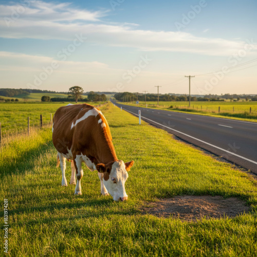Cow Grazing Near the Road in Countryside