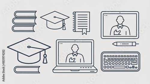 Online education line icons vector illustration of graduation cap books laptop and keyboard for e-learning and digital courses