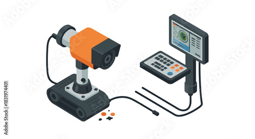Modern surveillance technology with security camera and control panel in isometric style