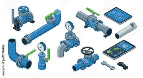 Industrial pipe system elements with digital control panels in isometric style