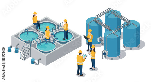 Isometric wastewater treatment workers analyzing and monitoring industrial process facilities