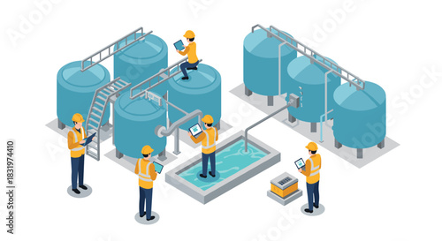 Water treatment plant workers managing industrial tanks in isometric style