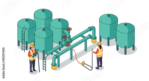 Industrial pipeline maintenance with workers in isometric style