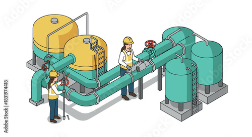 Workers inspecting industrial pipelines in isometric design