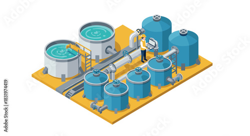 Isometric water treatment plant with engineer in safety gear monitoring industrial tanks