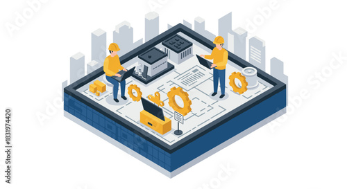 Urban construction project in isometric style with engineers and machinery